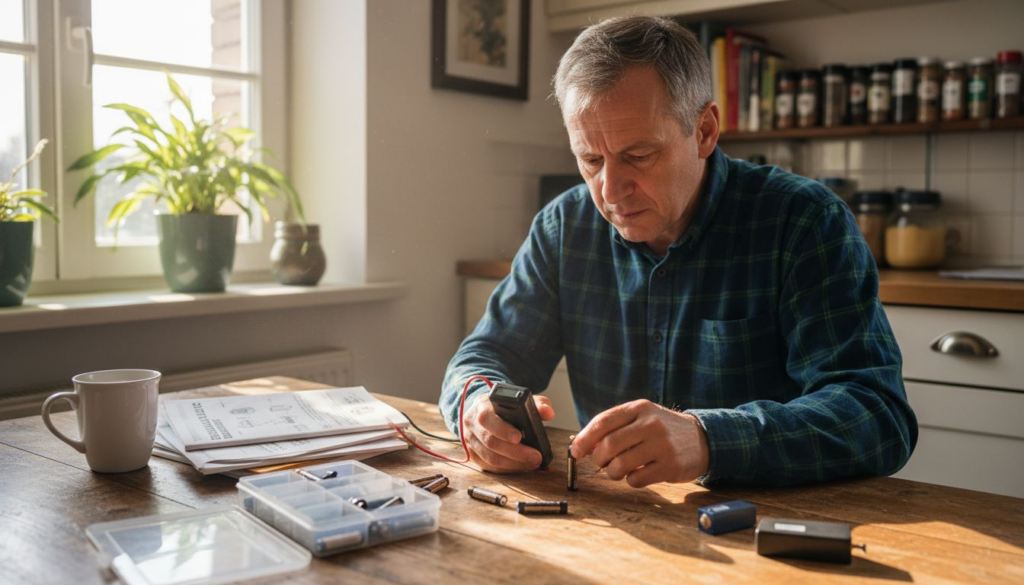 Ein Mann überprüft Batterien in einer hellen Küche.
