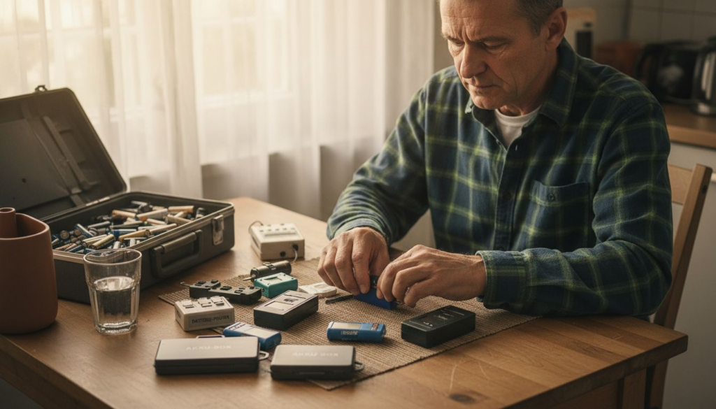 Am Küchentisch werden Batteriezubehörteile sortiert.