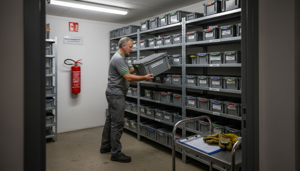 Ein Mitarbeiter sortiert Batterien im Sicherheitslager.