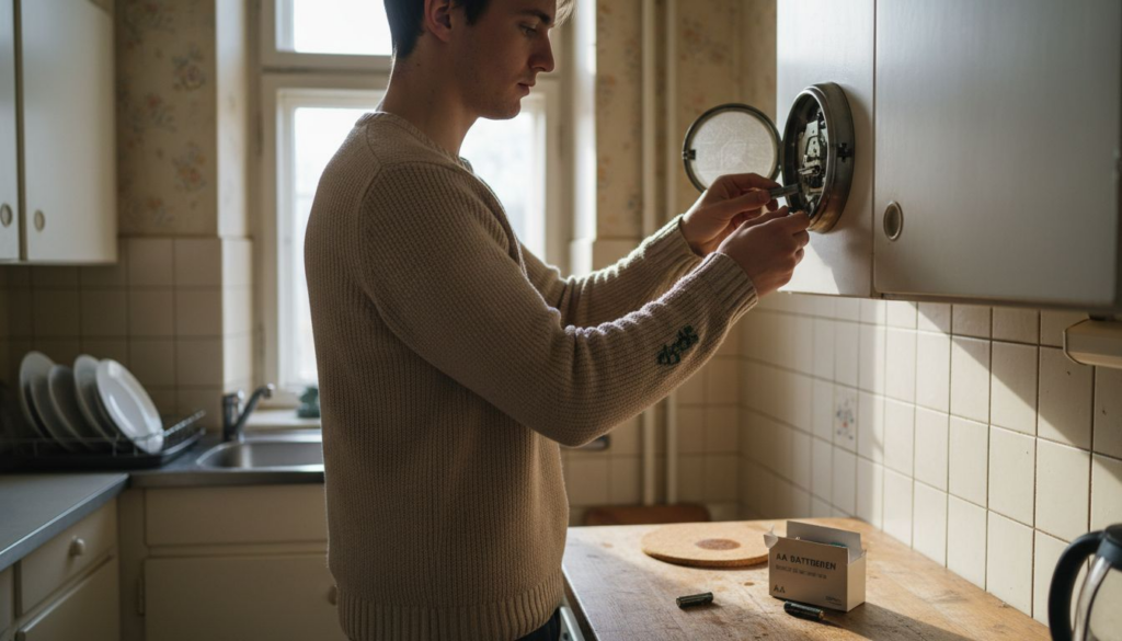 Ein Mann tauscht die Batterie in der Wanduhr in der Küche aus.