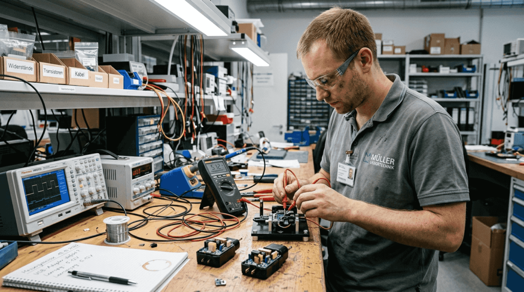In einem Elektroniklabor überprüft ein Techniker die Funktion eines Ladegeräts.