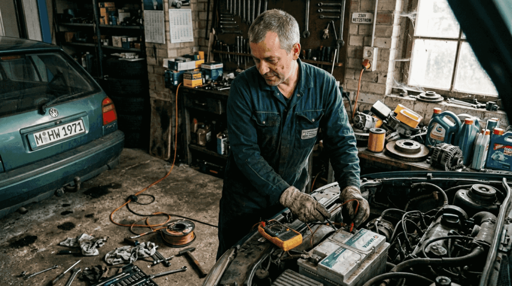 Im eigenen Garage prüft ein Mann die Autobatterie.