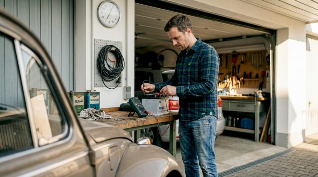 Ein Mann überprüft die Autobatterie in seiner heimischen Garage.