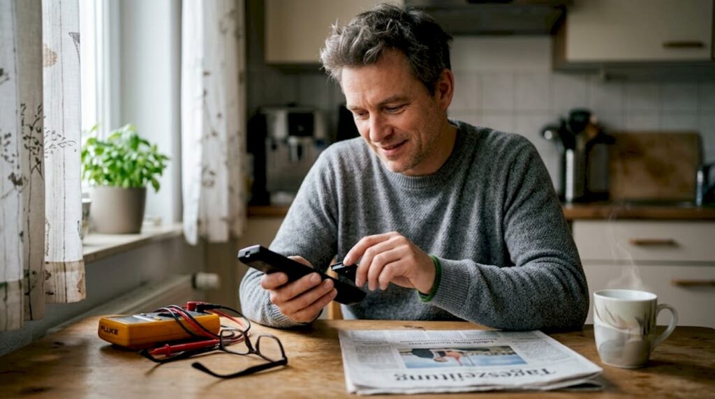 Ein Mann überprüft die Batterie eines Alltagsgeräts.