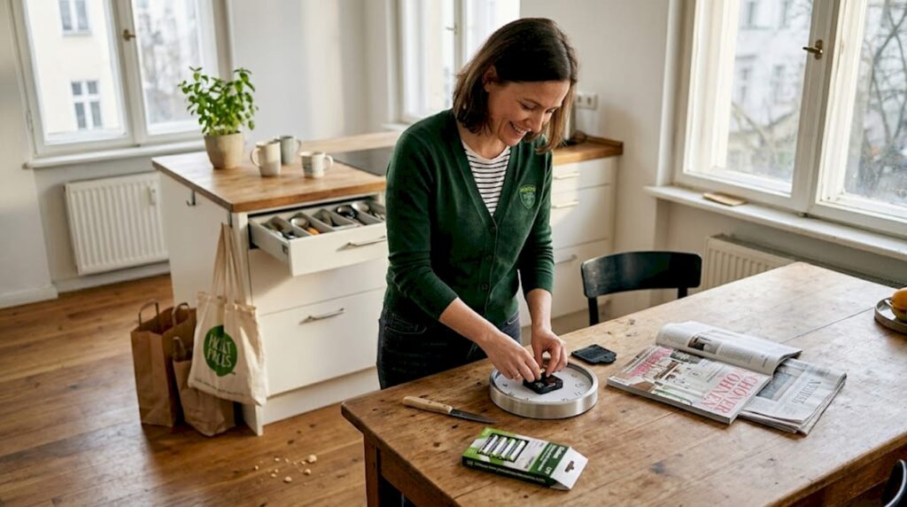 Im ganz normalen Alltag: Eine Frau tauscht die Batterien in ihrer Küche aus.