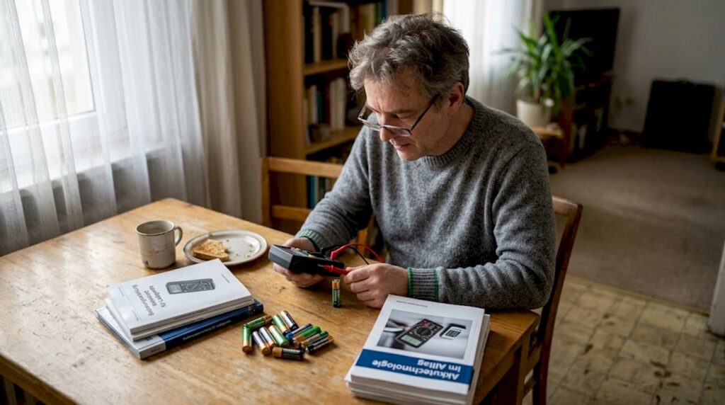 Ein Mann prüft am Küchentisch, ob die Batterie noch funktioniert.