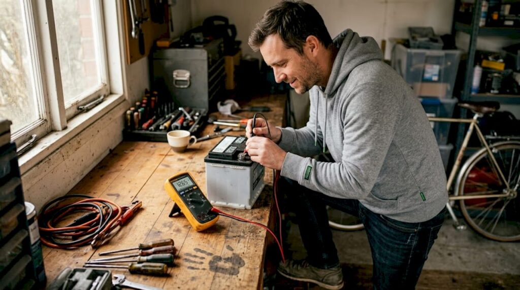 Ein Mann überprüft am Arbeitstisch die Autobatterie mit einem Multimeter.