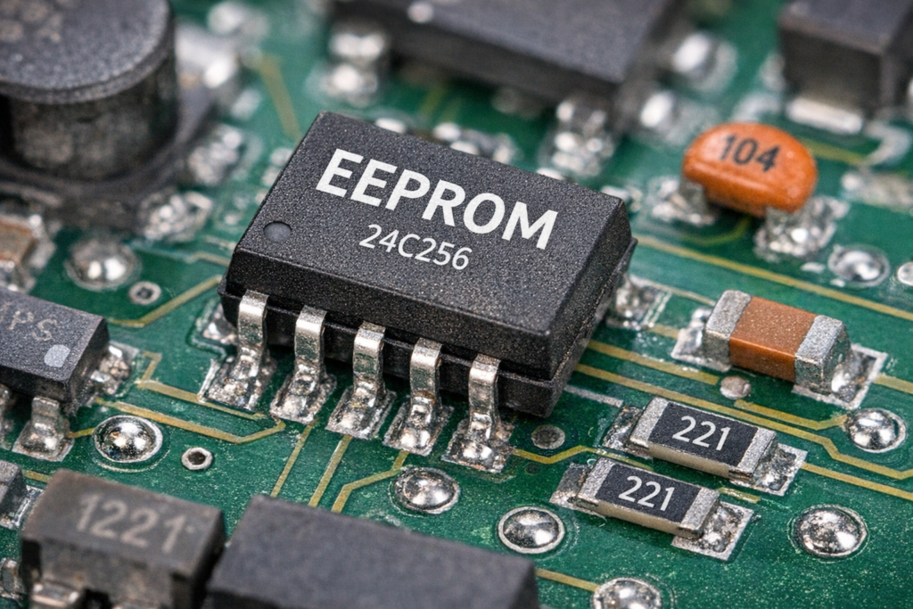 EEPROM‑Speicherchip auf einer Leiterplatte – Datenspeicher im Batteriemanagementsystem (BMS)