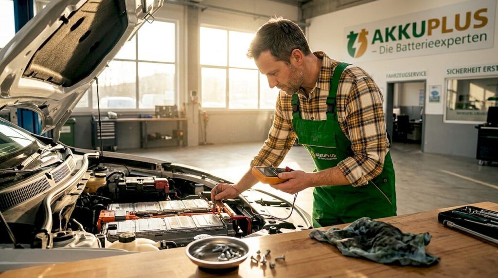 Ein Ingenieur nimmt in der Werkstatt den Akku eines Elektroautos genau unter die Lupe.