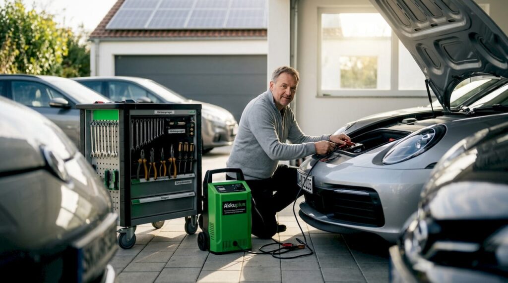 Ein Mann schließt in der Garage ein Ladegerät an die Autobatterie an.