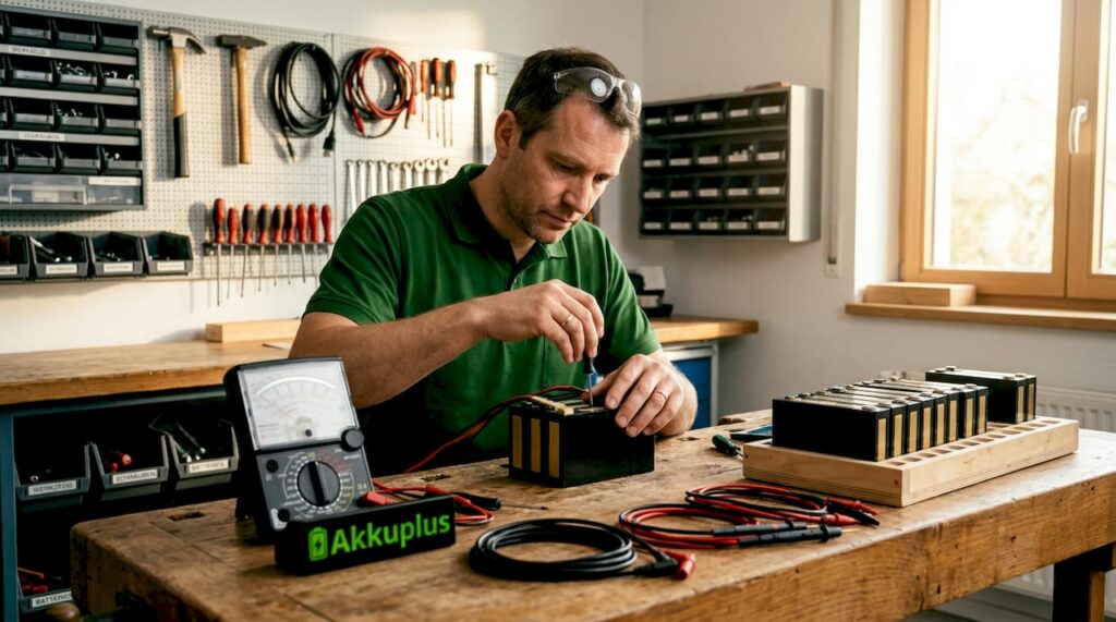 Ein Techniker baut am Arbeitstisch Blockbatterien zusammen.