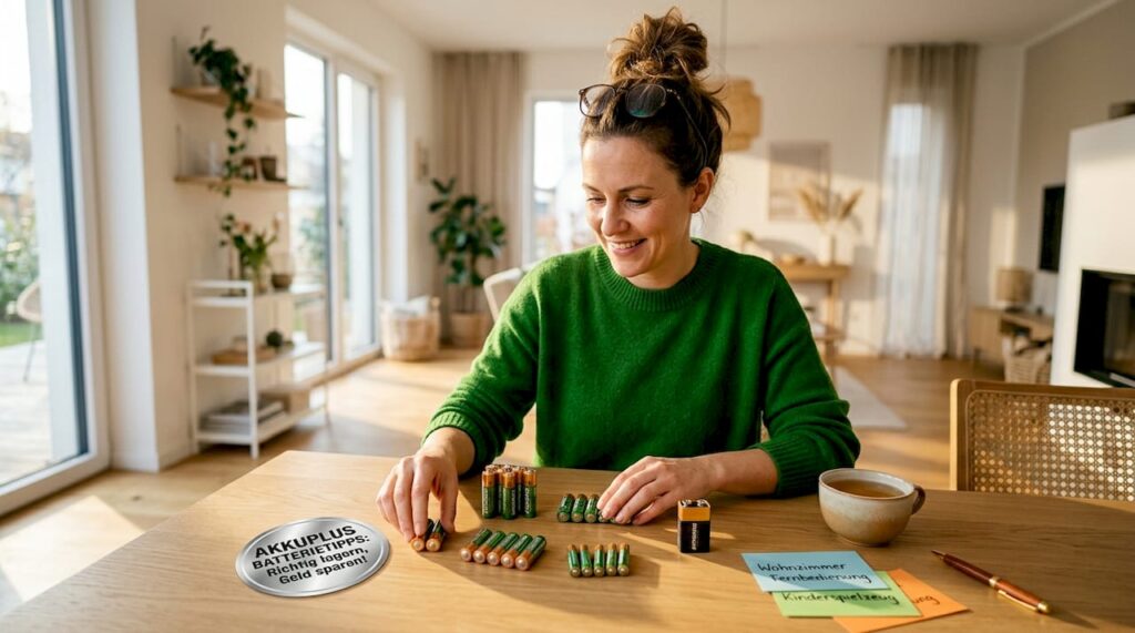 Eine Frau sitzt am Küchentisch und sortiert alte Batterien für das Recycling.