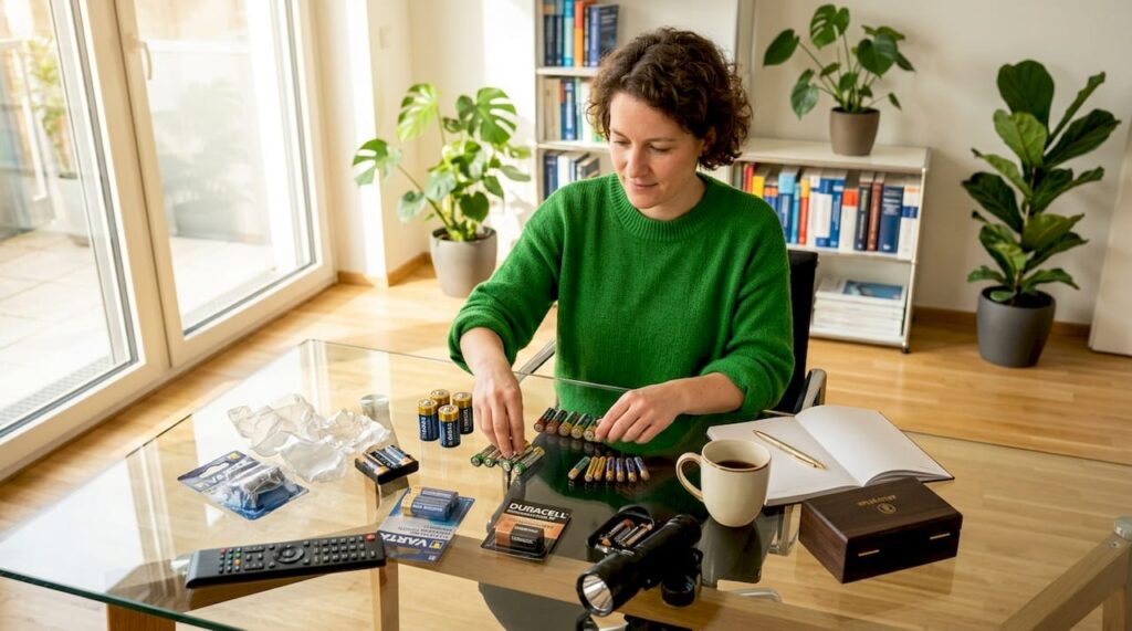 Am Wohnzimmertisch legt jemand verschiedene Batterien ordentlich zurecht und sortiert sie.