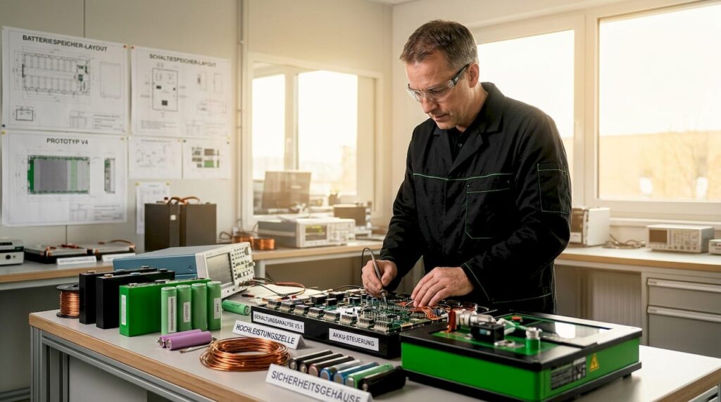 Ein Ingenieur testet leistungsstarke Batterien unter Laborbedingungen.