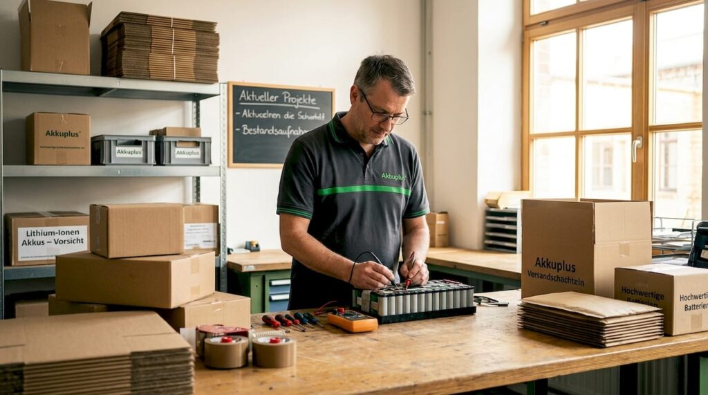Ein Mitarbeiter kontrolliert im Lager die Batterie vor dem Versand.