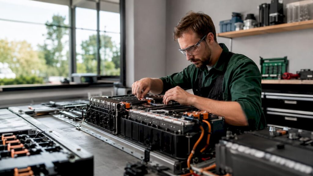 Ein Techniker überprüft ein Hochleistungs-Batteriemodul auf Funktion und Sicherheit.