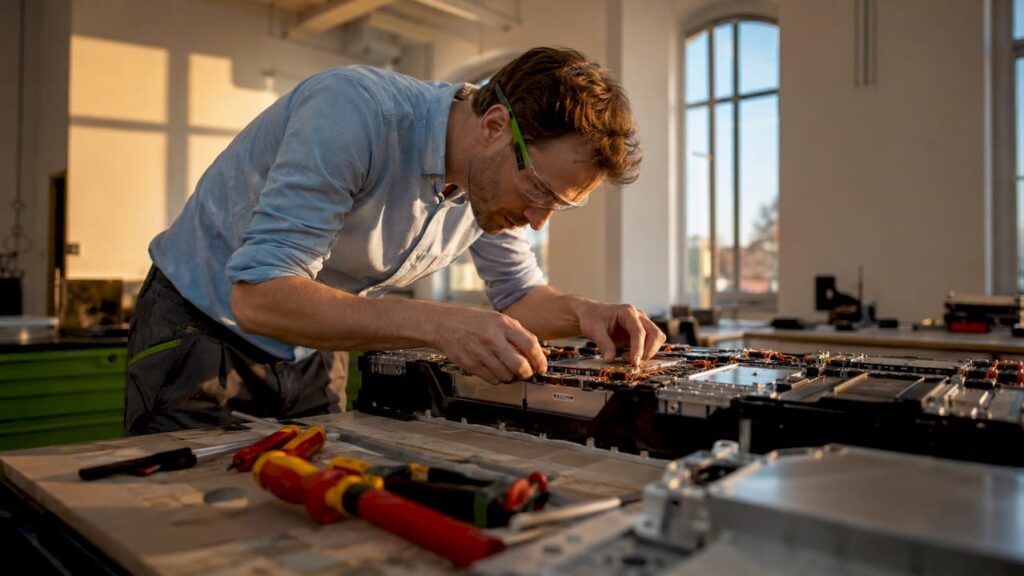 Ein Ingenieur überprüft das Hochvolt-Batteriepaket.