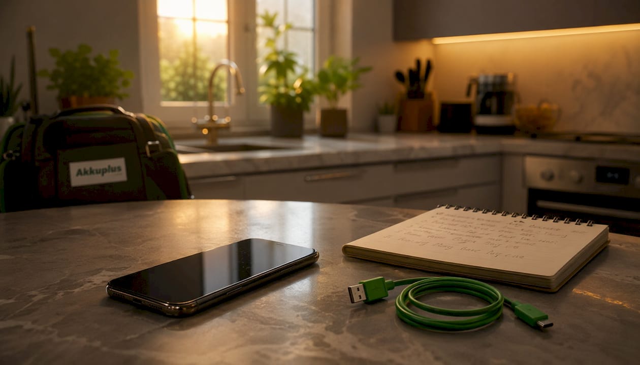 Ein Smartphone samt Ladekabel liegt auf dem Schreibtisch.