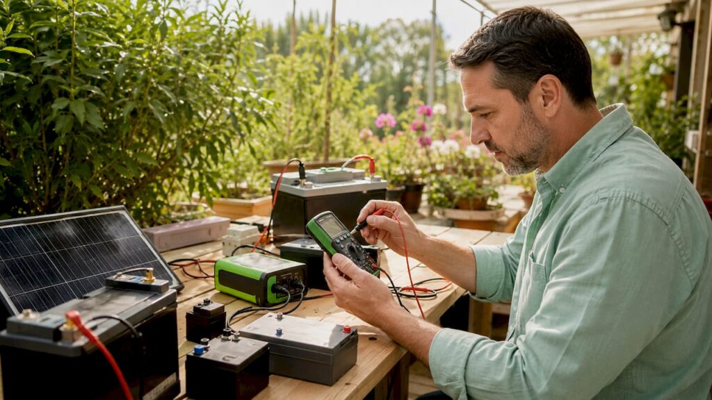 Ein Mann prüft die Batteriespannung an seiner Werkbank.