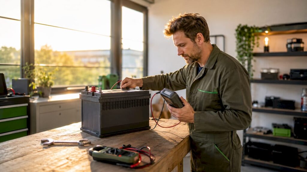 In der Werkstatt kontrolliert eine Technikerin den Zustand einer Bleisäurebatterie.