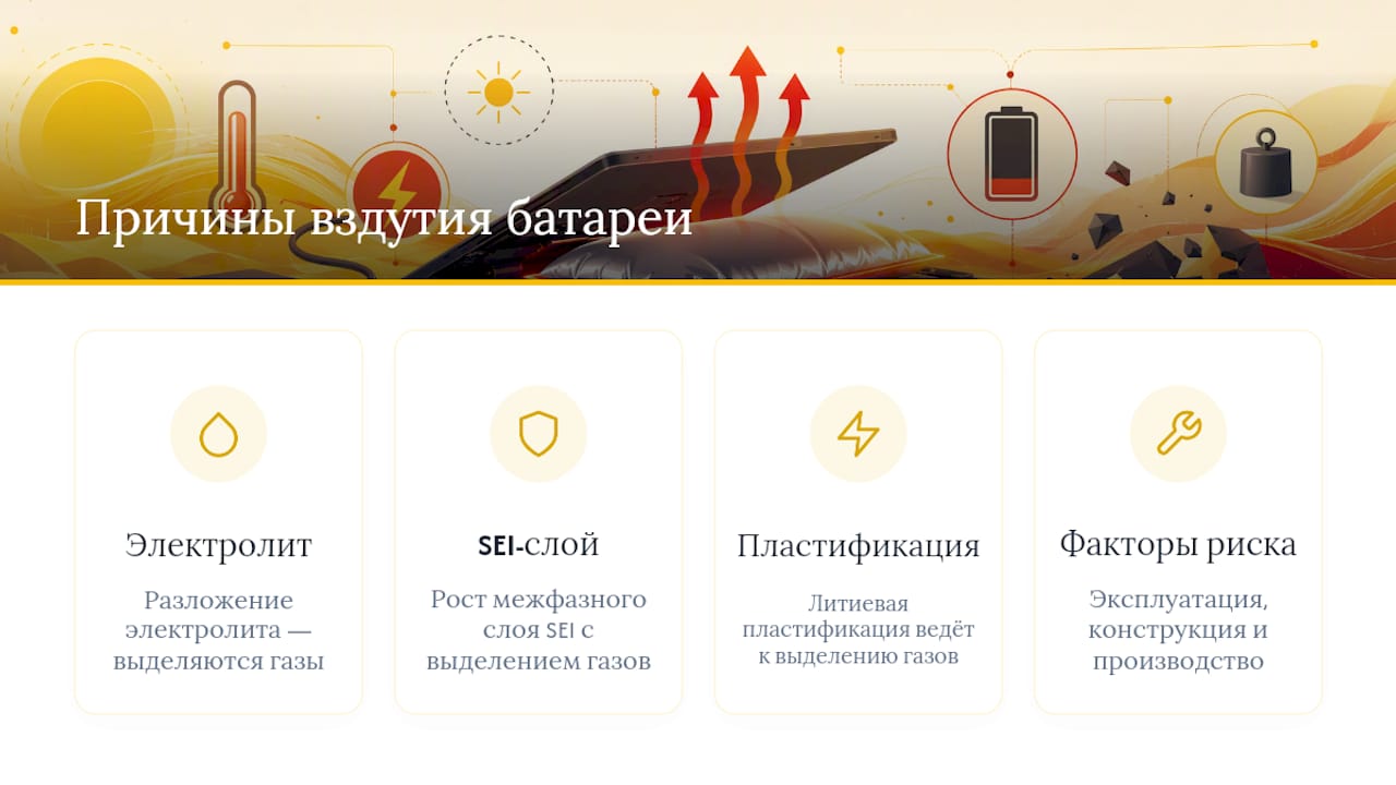 Схематичное изображение основных причин вздутия аккумулятора в ноутбуке