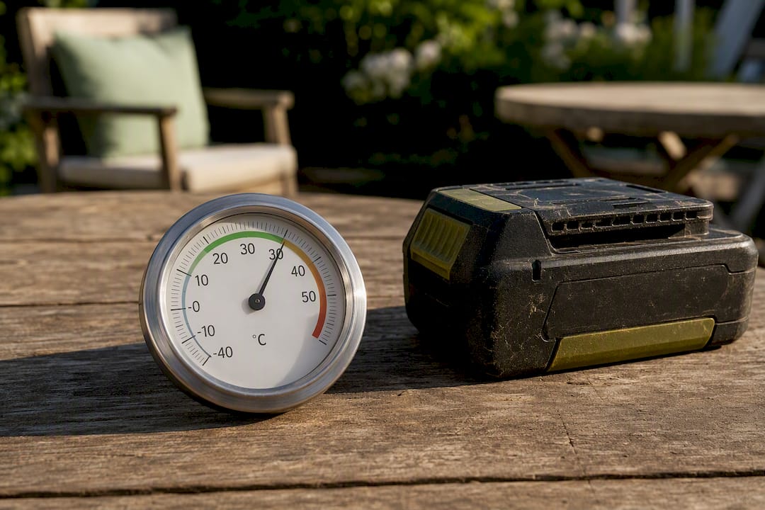 Batteriepack mit Thermometer zeigt die Temperatur an