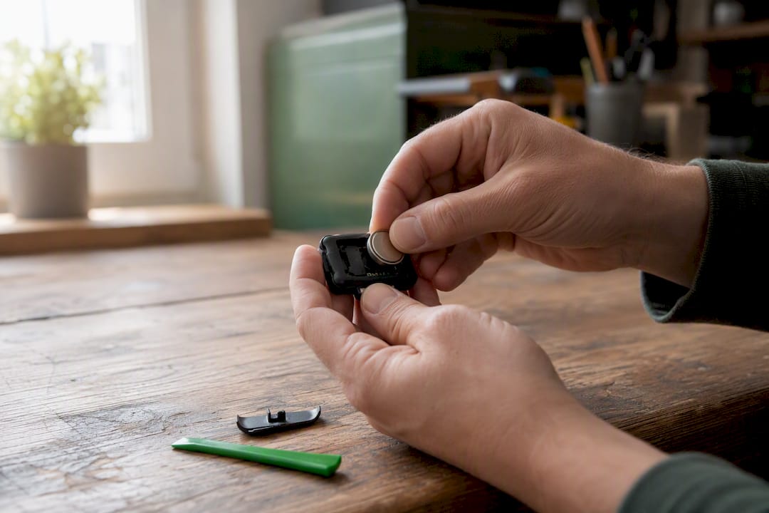 Hände entnehmen die Knopfzellenbatterie