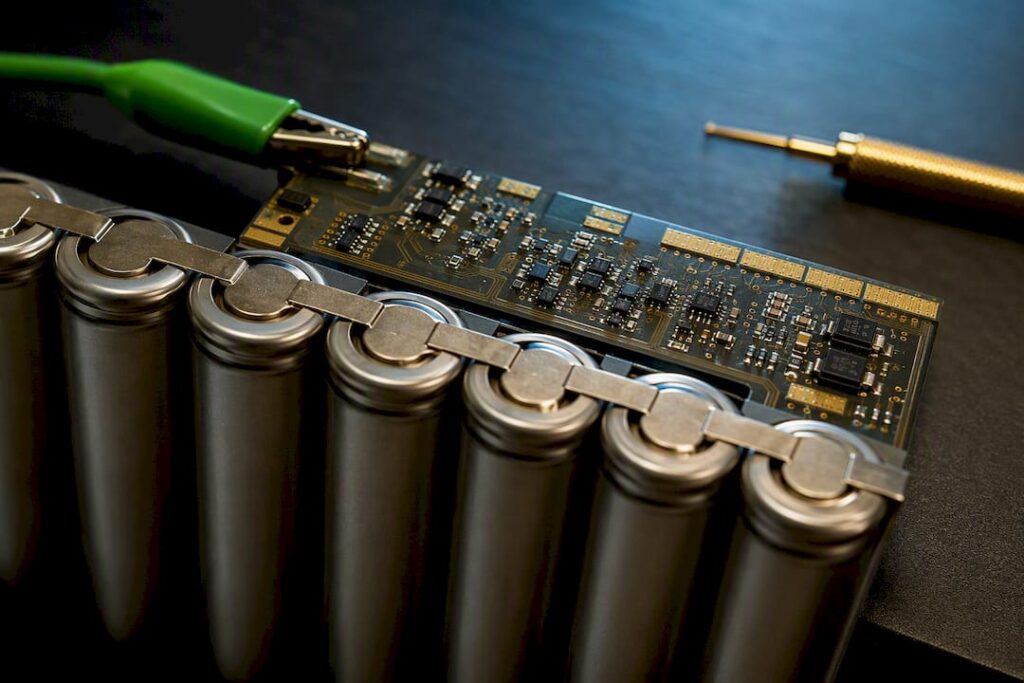 Unbekannte BMS-Platine zwischen zehn Lithiumzellen
