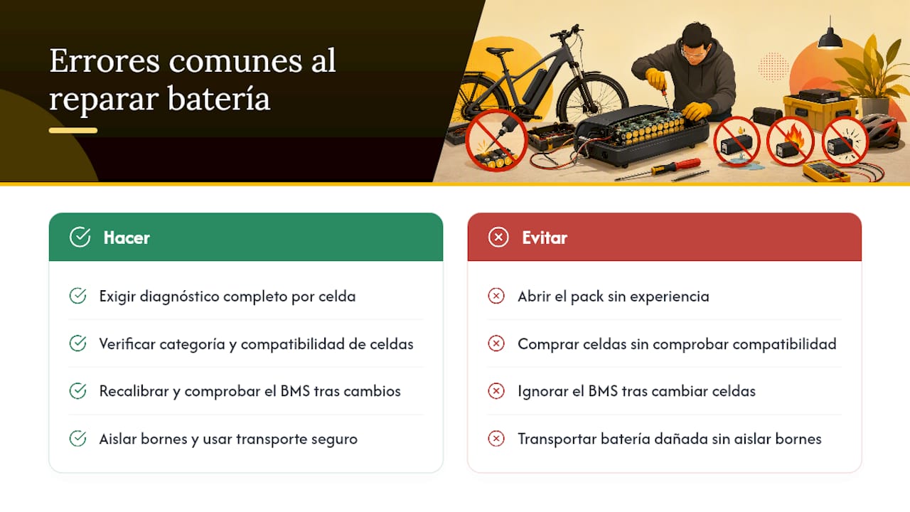 Errores comunes al intentar reparar una batería de ebike — overview diagram