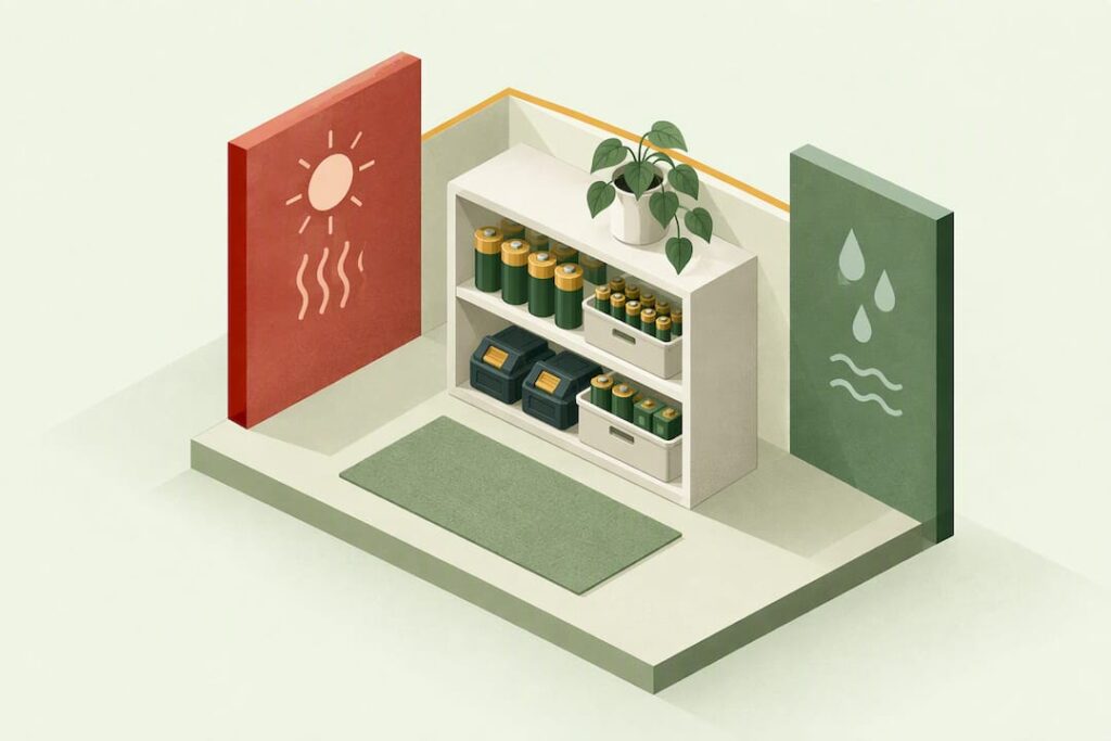 Ilustración isométrica de almacenamiento seguro de baterías